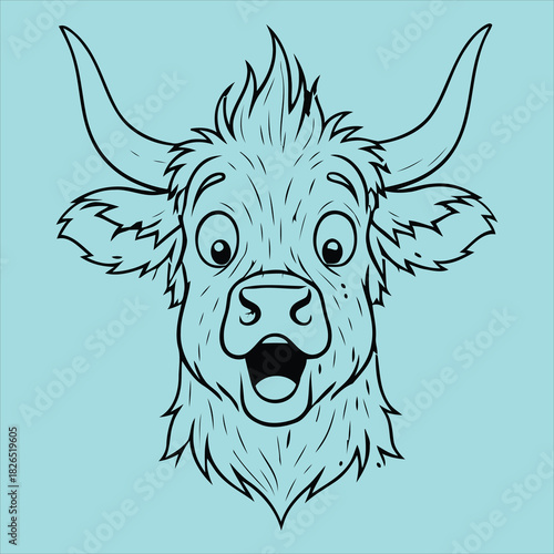 Cartoon bull head line art, wide open mouth