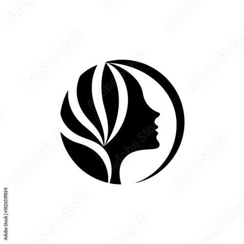 Silhouette of a woman with leaf hair in circle on transparent background