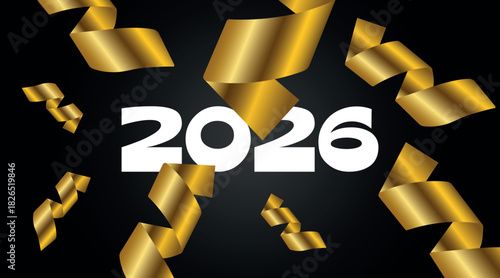 2026 font logo. Happy New Year, black background. Vector illustration. Christmas Eve party poster, event banner template. Streamer