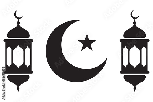Islamic lantern and crescent moon with star silhouette icon on white background
