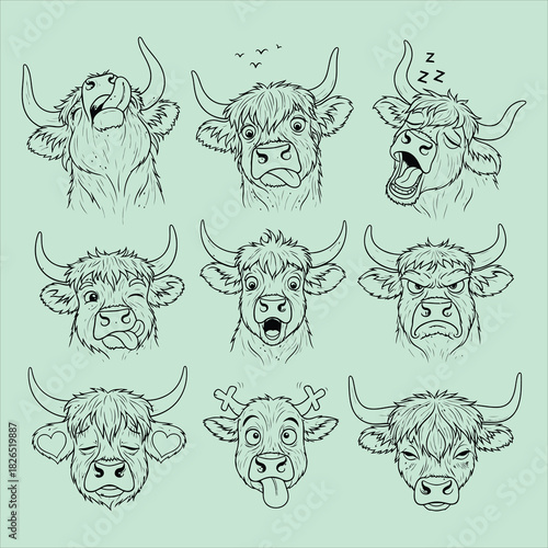 Highland cow cartoon expressions set cute