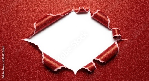 Torn red glitter paper revealing a white blank space for text or design, perfect for festive messages
