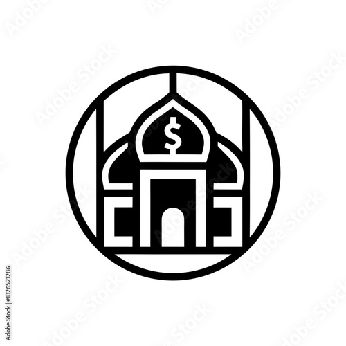 Black and white mosque with dollar sign icon on transparent background silhouette