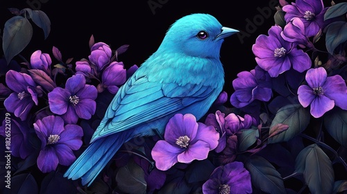 Vibrant Blue Bird Amidst Purple Blossoms