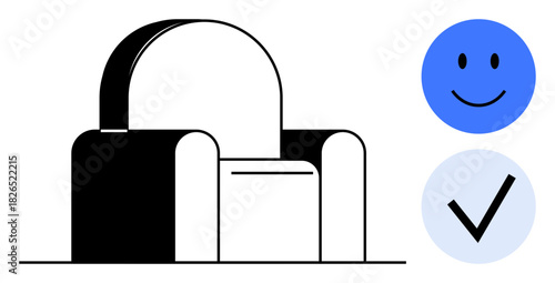Customer experience. Abstract chair design paired with a happy face and checkmark customer experience. Customer satisfaction, comfort, and positive interactions for various uses. Business, branding