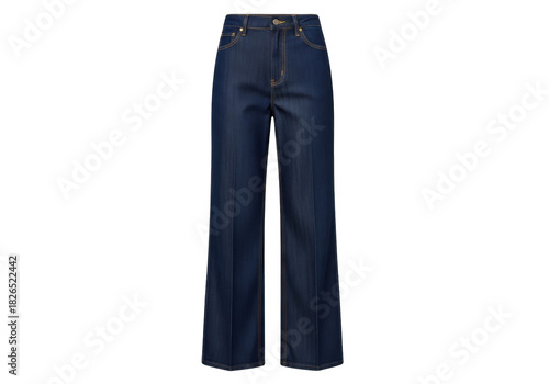 Isolated woman's dark blue flare-leg denim jeans, casual fashion apparel, studio shot