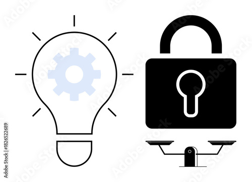 Lightbulb with gear symbolizing innovation, padlock representing security, and scales denoting balance between creativity, protection, and ethics. Ideal for technology, law, security, innovation