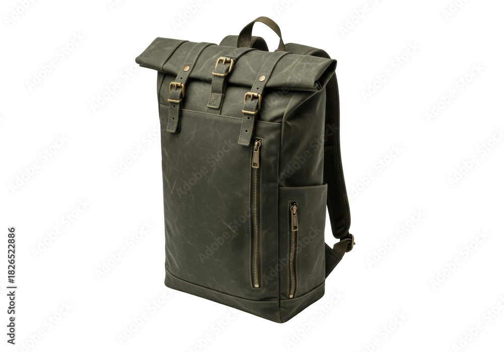 Fototapeta premium Isolated khaki backpack with straps, roll top, and brass zippers, studio shot on plain background