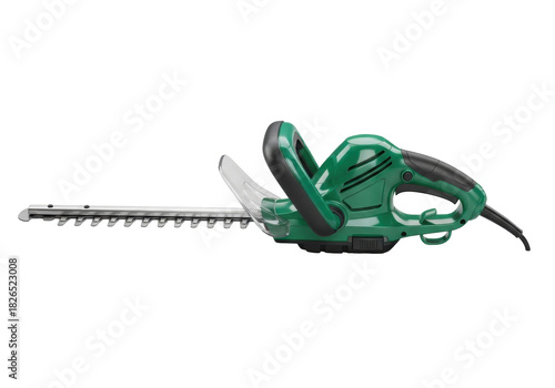 Foto Isolated Green Electric Hedge Trimmer for Garden Care and Pruning Tool at Spring