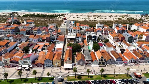Aerial Journey Over Costa Nova’s Iconic Striped Houses — Portugal Oceanfront Cinematic Drone View