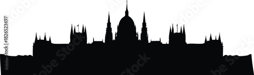 Silhouette of an Imposing Gothic Building with Spires and Dome against a White Background