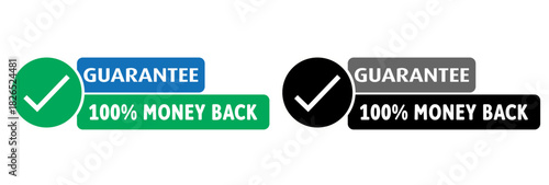 100% money back guarantee vector icon set with tick mark, blue, green and black color.