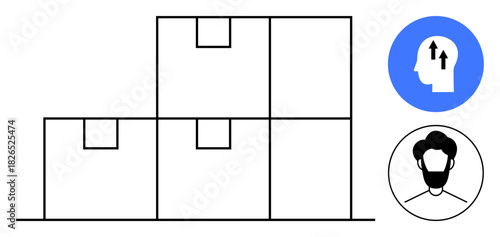 Warehouse concept. Warehouse boxes storage and logistics alongside head profile growth concept and male avatar. Warehouse logistics efficiency and growth. For business, e-commerce, branding
