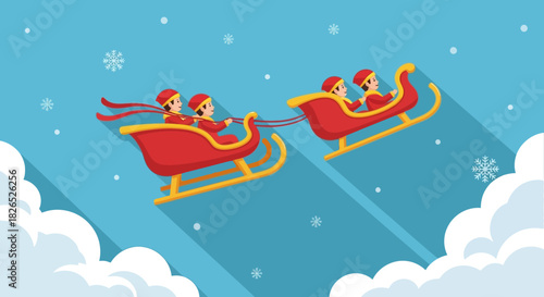 Children riding in a red sleigh pulled by another sleigh in sky