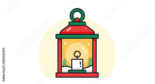 Cute cartoon christmas lantern with candle and winter scene inside