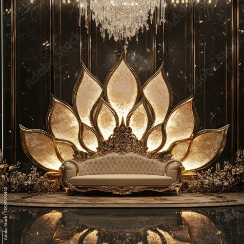 Elegant stage design with golden lotus backdrop, plush sofa and crystal chandelier for grand events