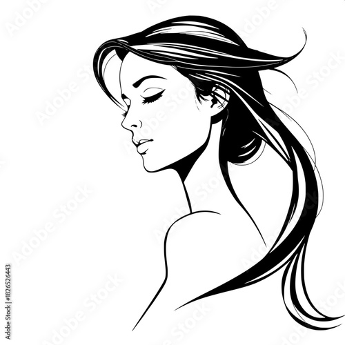 “Elegant monochrome vector art of a youthful woman looking down thoughtfully, her hair sweeping gracefully behind her. Sharp contours, subtle shading, and a light gray gradient background for a refine