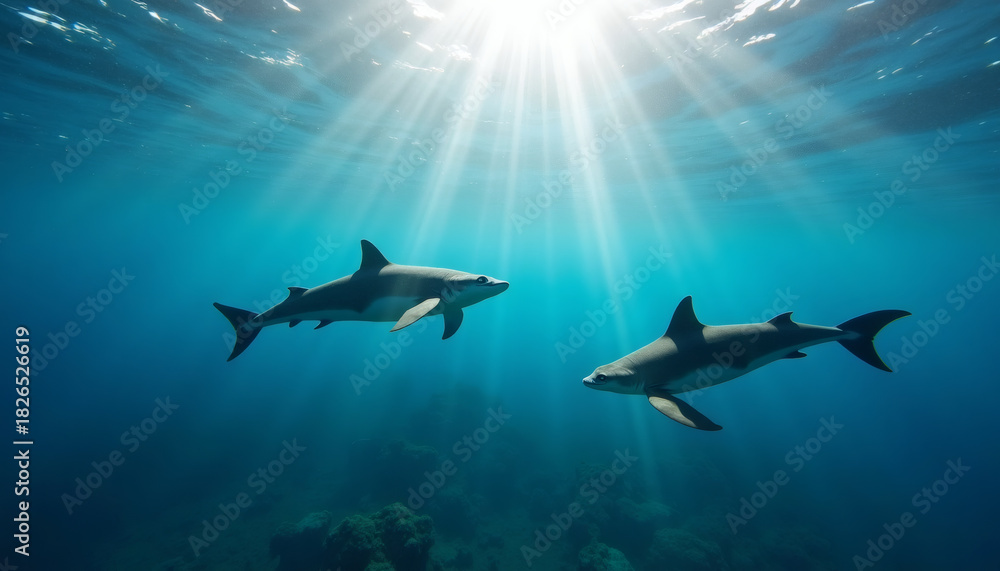 Obraz premium Two Sharks Swimming Gracefully Underwater