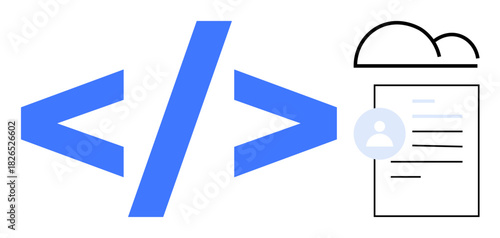 HTML brackets beside a user profile document stored in the cloud illustrate programming, cloud storage, and data management. Ideal for software development, data security, cloud-based apps, coding