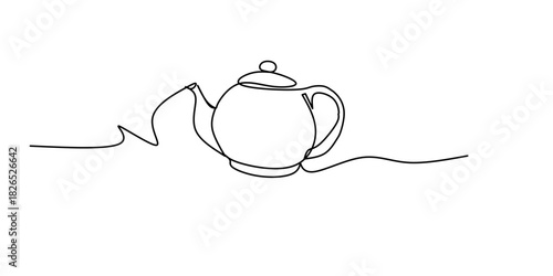 Line Art Teapot. Curve Continuous Line Doodle Sketch Tea Pot. Tea Breakfast Hot Morning Beverage Drink Pot. Cafe Menu Ceramic Decoration. Cozy Home