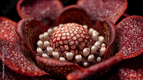 A close up of a rafflesia flower showing the central disc and petals with white spots pattern detail