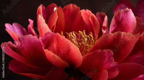 Close up of a vibrant red peony flower with visible stamens against a dark background setting the mood