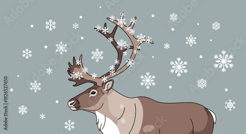 Illustration of a reindeer with snow falling on its antlers