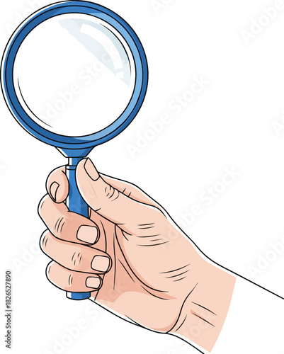 Create a Hand Holding Blue Magnifying Glass for Exploration vector art with white background..