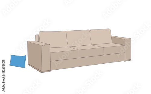 Modern beige sofa with blue cushion on floor, minimalist illustration isolated on white
