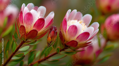 Close up of two pink and white protea flowers with a bud among green leaves in soft focus background