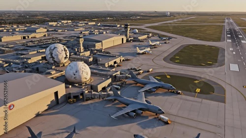 Aerial view of a large airbase with multiple military transport aircraft parked on the tarmac, surrounded by buildings and spherical radar domes.