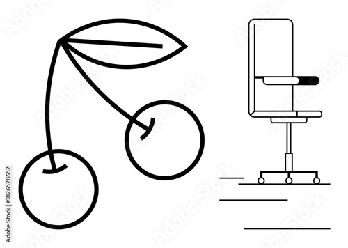 Abstract cherry with leaves next to a modern office chair on wheels. Ideal for creativity, productivity, office culture, minimalism, duality, balance, inspiration. Simple flat metaphor
