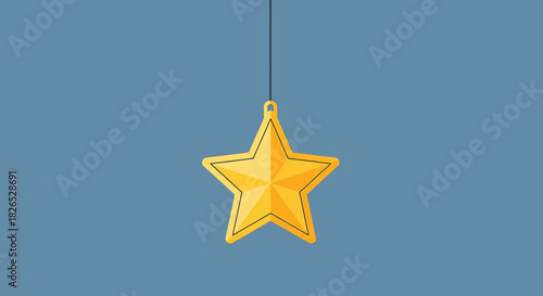 Golden star ornament hanging by a thin string against blue