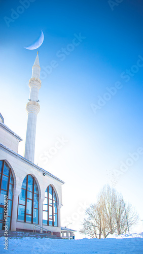 Ramadan or islamic vertical background image. Haci Osman Efendi Mosque with crescent moon