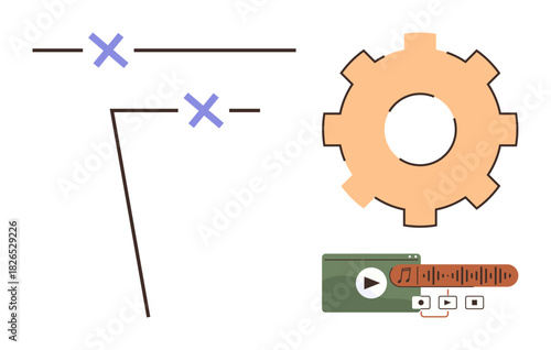 Gearwheel, interactive lines with blue marks for flowchart logic, and an audio playback panel. Ideal for workflow, planning, productivity, organization, audio tools, technology simple flat metaphor