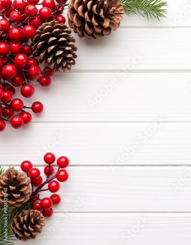 Fototapeta Naklejka Na Ścianę i Meble -  Festive christmas background creating a merry holiday season border on white wooden planks, copy space for winter greetings and seasonal messages copy space marketplace product card background