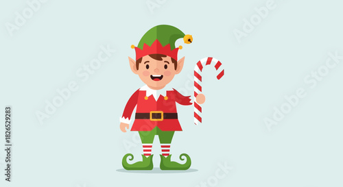 Cute cartoon christmas elf holding a candy cane against light blue