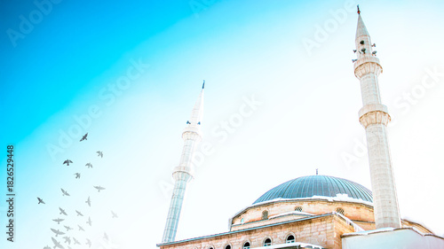Islamic or Ramadan background for Elegant mosque with minarets and birds in Haci Osman Efendi Mosque