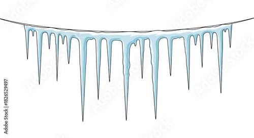 Row of sharp blue icicles hanging from a thin wire isolated on