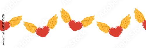 Flying hearts seamless border frame. Valentine’s day decor. Cute flat vector illustration for banners, packaging design, print, adhesive tape, washi tape, stripe for scrapbook design