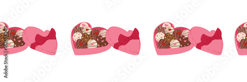 Pink chocolate boxes seamless border frame. Valentine’s day decor. Cute flat vector illustration for banners, packaging design, print, adhesive tape, washi tape, stripe for scrapbook design