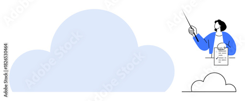 Person presenting a document using a pointer next to a large cloud graphic. Ideal for education, technology, cloud computing, planning, training, presentations, communication. Simple flat metaphor