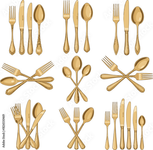 Create a kinds of deferent Gold cutlery set with fork knife and spoon vector art with white background..