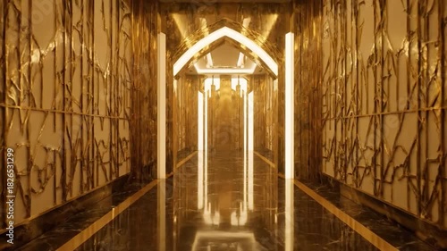 Long opulent hallway with gold patterned walls and a reflective marble floor