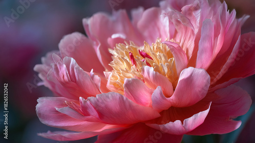A close up view of a pink peony flower with yellow center and red stamens in soft focus light