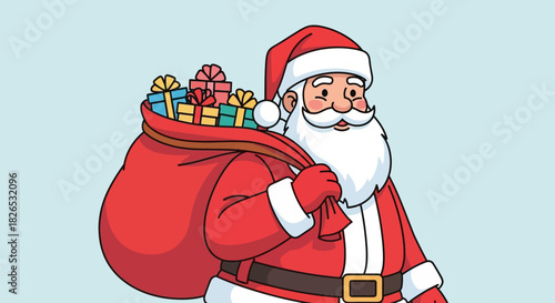 Cartoon illustration of santa claus carrying a large red sack of gift boxes