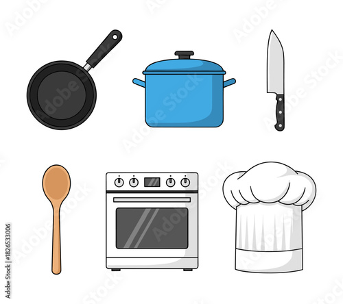 Cooking kitchen utensils and chef hat collection