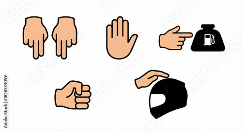 Variety of essential hand gestures and visual symbols conveying messages related to stopping, fueling, and safety precautions