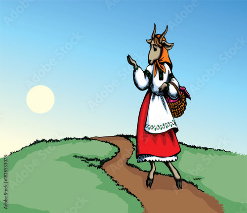A goat walking by the road. Vector illustration