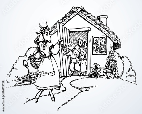 A goat and kids in a house. Vector illustration